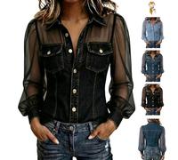 Genérico Women's Sheer Mesh Long Sleeve Denim Shirt, Button Down See Through Blouse with Chest Pockets, Casual Sexy Slim Fit Jean Top (FR/ES, Letras, XXL, Regular, Regular, Black)