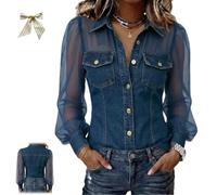 Genérico Women's Sheer Mesh Long Sleeve Denim Shirt,Button Down See Through Blouse with Chest Pockets,Sexy Faux Denim Fitted Top (FR/ES, Letras, 3XL, Regular, Regular, Dark Blue)