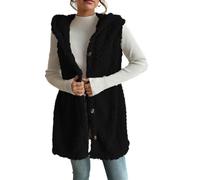 Genérico Womens Sherpa Vest with Hood - New Winter Fleece Button Up Long Vest Jackets Front Coat Long Warm Comfy Knit Textured Hooded Sweatshirt (Black,M)