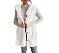 Genérico Womens Sherpa Vest with Hood - New Winter Fleece Button Up Long Vest Jackets Front Coat Long Warm Comfy Knit Textured Hooded Sweatshirt (White,XL)