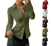 Genérico Women's Slim-Fit Button-Down Long-Sleeved Casual Shirt Women Long Sleeve Cinched Waist Tops Suitable for Daily Commuting (Green,XXL)