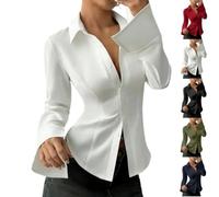 Genérico Women's Slim-Fit Button-Down Long-Sleeved Casual Shirt Women Long Sleeve Cinched Waist Tops Suitable for Daily Commuting (White,XXL)