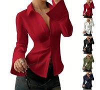 Genérico Women's Slim-Fit Button-Down Long-Sleeved Casual Shirt Women Long Sleeve Cinched Waist Tops Suitable for Daily Commuting (Red,S)
