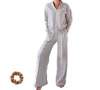 Genérico Women's Solid Color V-Neck Top & Pants Two-Piece Set,Sweatshirt Sets for Women Fall Lounge Clothing Two Piece Sets (5XL,Gray)
