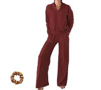 Genérico Women's Solid Color V-Neck Top & Pants Two-Piece Set,Sweatshirt Sets for Women Fall Lounge Clothing Two Piece Sets (L,Red)