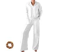 Genérico Women's Solid Color V-Neck Top & Pants Two-Piece Set,Sweatshirt Sets for Women Fall Lounge Clothing Two Piece Sets (L,White)