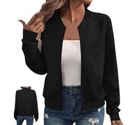 Genérico Women's Solid Textured Zip Up Jacket Bomber Jacket, Long Sleeve Casual Baseball Coat, Fall Fashion Outerwear Top (Black,M)