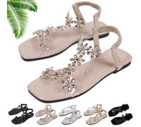Genérico Women's Sparkly Rhinestone Elastic Strap Elegant Slip On Flat Sandals (Beige,41)