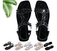 Genérico Women's Sparkly Rhinestone Elastic Strap Elegant Slip On Flat Sandals (Black-A,41)