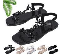 Genérico Women's Sparkly Rhinestone Elastic Strap Elegant Slip On Flat Sandals (Black-B,41)
