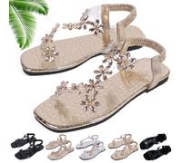 Genérico Women's Sparkly Rhinestone Elastic Strap Elegant Slip On Flat Sandals (Gold,41)