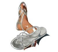 Genérico Women's Strappy Flat Sandals Woven Strap Dressy Ankle Strap Casual Summer Thong Beach Flats Flip Flops Open Toe Elastic Comfortable Arch Support Lightweight Shoes (Silver,37)