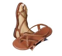 Genérico Women's Strappy Flat Sandals Woven Strap Dressy Ankle Strap Casual Summer Thong Beach Flats Flip Flops Open Toe Elastic Comfortable Arch Support Lightweight Shoes (Brown,42)
