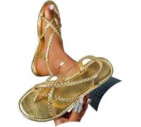 Genérico Women's Strappy Flat Sandals Woven Strap Dressy Ankle Strap Casual Summer Thong Beach Flats Flip Flops Open Toe Elastic Comfortable Arch Support Lightweight Shoes (Gold,39)
