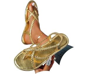 Genérico Women's Strappy Flat Sandals Woven Strap Dressy Ankle Strap Casual Summer Thong Beach Flats Flip Flops Open Toe Elastic Comfortable Arch Support Lightweight Shoes (Gold,41)