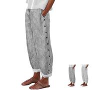 Genérico Womens Stripe Linen Pants Casual Side Button Loose Elastic Waisted Lightweight Straight Leg Trousers with Pockets (Black,L)