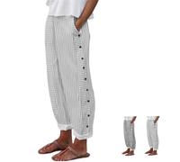 Genérico Womens Stripe Linen Pants Casual Side Button Loose Elastic Waisted Lightweight Straight Leg Trousers with Pockets (White,M)
