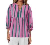 Genérico Women's Striped V Neck Blouse,Casual Puff 3/4 Sleeve Babydoll Tunic Top,Summer Loose Fit Button Striped Flowy Shirt for Daily (FR/ES, Letras, L, Regular, Regular, Rose Red)