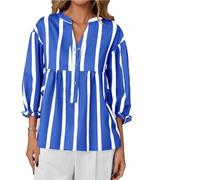Genérico Women's Striped V Neck Blouse,Casual Puff 3/4 Sleeve Babydoll Tunic Top,Summer Loose Fit Button Striped Flowy Shirt for Daily (FR/ES, Letras, L, Regular, Regular, Blue)