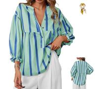Genérico Women's Striped V Neck Blouse,Casual Puff 3/4 Sleeve Babydoll Tunic Top,Summer Loose Fit Button Striped Flowy Shirt for Daily (FR/ES, Letras, S, Regular, Regular, Green)