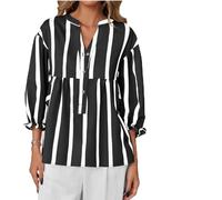 Genérico Women's Striped V Neck Blouse,Casual Puff 3/4 Sleeve Babydoll Tunic Top,Summer Loose Fit Button Striped Flowy Shirt for Daily (FR/ES, Letras, L, Regular, Regular, Black)
