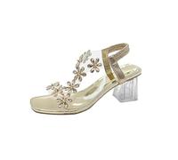 Genérico Women's Summer Flower Rhinestone Open Toe Block Heel Sandals Elastic Ankle Strap Chunky Square Open Toe Heeled Sandals (Gold,37)