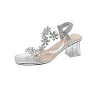 Genérico Women's Summer Flower Rhinestone Open Toe Block Heel Sandals Elastic Ankle Strap Chunky Square Open Toe Heeled Sandals (Silver,37)