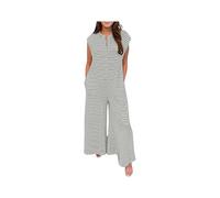 Genérico Women's Summer Loose Stripes Overalls,Cap Sleeve One Piece,Leg Pants Romper,Button-Down Travel Beachwear (Gray, XL)