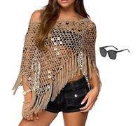 Genérico Women's Summer One-Shoulder Asymmetric Knit Poncho, Sheer Poncho Shrug Bolero, Y2K Mesh Beach Cover Up Tops, Sun Protection Loose Ice Silk Knit Top (Khaki)