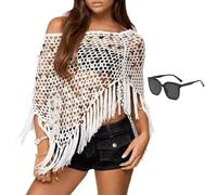 Genérico Women's Summer One-Shoulder Asymmetric Knit Poncho, Sheer Poncho Shrug Bolero, Y2K Mesh Beach Cover Up Tops, Sun Protection Loose Ice Silk Knit Top (White)