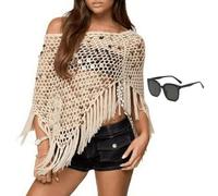 Genérico Women's Summer One-shoulder Asymmetric Knit Poncho, Sheer Poncho Shrug Bolero, Y2K Mesh Beach Cover Up Tops, Sun Protection Loose Ice Silk Knit Top (Apricot)