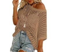 Genérico Womens Summer Sexy Hollow Scoop Neck Shortsleeve Top Pullover Beach Cover-up Knitted Sweater (Khaki,S)