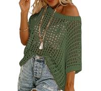 Genérico Womens Summer Sexy Hollow Scoop Neck Shortsleeve Top Pullover Beach Cover-up Knitted Sweater (Dark Army Green,10XL)