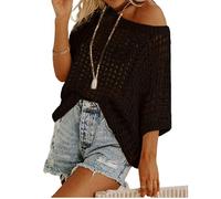 Genérico Womens Summer Sexy Hollow Scoop Neck Shortsleeve Top Pullover Beach Cover-up Knitted Sweater (Black,L)