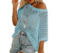 Genérico Womens Summer Sexy Hollow Scoop Neck Shortsleeve Top Pullover Beach Cover-up Knitted Sweater (Light Blue,S)