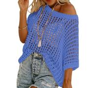 Genérico Womens Summer Sexy Hollow Scoop Neck Shortsleeve Top Pullover Beach Cover-up Knitted Sweater (Blue,S)