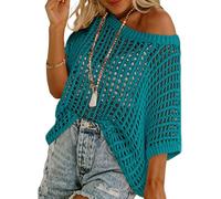 Genérico Womens Summer Sexy Hollow Scoop Neck Shortsleeve Top Pullover Beach Cover-up Knitted Sweater (Peacock Blue,L)