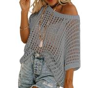 Genérico Womens Summer Sexy Hollow Scoop Neck Shortsleeve Top Pullover Beach Cover-up Knitted Sweater (Gray,10XL)