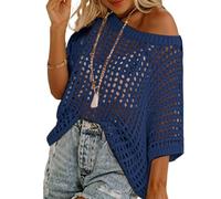 Genérico Womens Summer Sexy Hollow Scoop Neck Shortsleeve Top Pullover Beach Cover-up Knitted Sweater (Navy Blue,S)