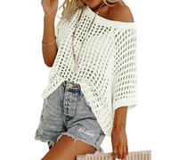 Genérico Womens Summer Sexy Hollow Scoop Neck Shortsleeve Top Pullover Beach Cover-up Knitted Sweater (White,10XL)