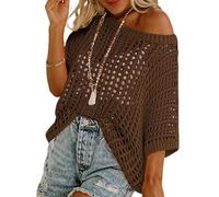 Genérico Womens Summer Sexy Hollow Scoop Neck Shortsleeve Top Pullover Beach Cover-up Knitted Sweater (Dark Brown,10XL)
