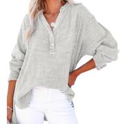 Genérico Womens Summer Tops Casual Button V Neck Long Sleeve Cotton Shirts Loose Lightweight Gauze Beach Cover up Pullovers (Gray,4XL)