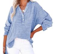 Genérico Womens Summer Tops Casual Button V Neck Long Sleeve Cotton Shirts Loose Lightweight Gauze Beach Cover up Pullovers (Blue,4XL)