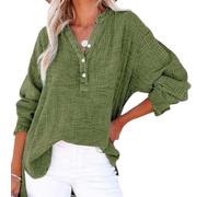 Genérico Womens Summer Tops Casual Button V Neck Long Sleeve Cotton Shirts Loose Lightweight Gauze Beach Cover up Pullovers (Dark Green,4XL)