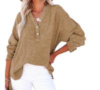 Genérico Womens Summer Tops Casual Button V Neck Long Sleeve Cotton Shirts Loose Lightweight Gauze Beach Cover up Pullovers (Brown,4XL)