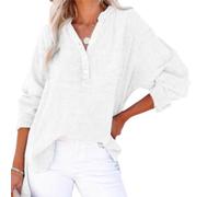 Genérico Womens Summer Tops Casual Button V Neck Long Sleeve Cotton Shirts Loose Lightweight Gauze Beach Cover up Pullovers (White,4XL)