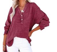 Genérico Womens Summer Tops Casual Button V Neck Long Sleeve Cotton Shirts Loose Lightweight Gauze Beach Cover up Pullovers (Red,S)