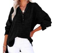 Genérico Womens Summer Tops Casual Button V Neck Long Sleeve Cotton Shirts Loose Lightweight Gauze Beach Cover up Pullovers (Black,4XL)