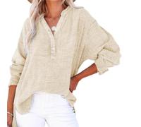Genérico Womens Summer Tops Casual Button V Neck Long Sleeve Cotton Shirts Loose Lightweight Gauze Beach Cover up Pullovers (Apricot,4XL)