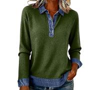 Genérico Womens Sweater with Denim Collar Cuffs, Vintage Waffle Knit Oversized Patchwork Top, Sweater with Denim Trimsweater (Green,L)